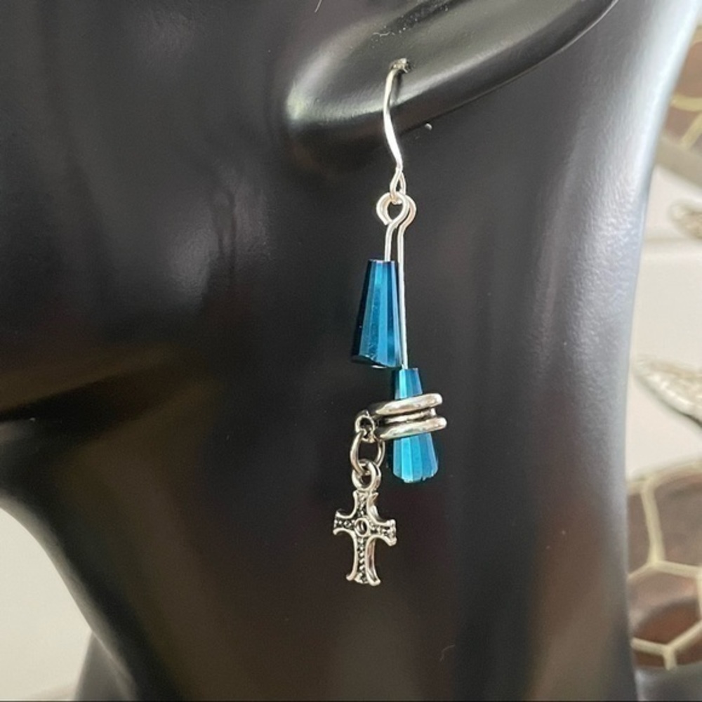 2/$29 Handmade Blue Swarovski Crystal & Cross Dangle Earrings 2.25” NWT